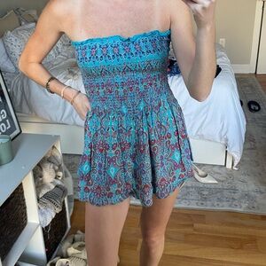 Angie Strapless Dress in Blue and Red Pattern